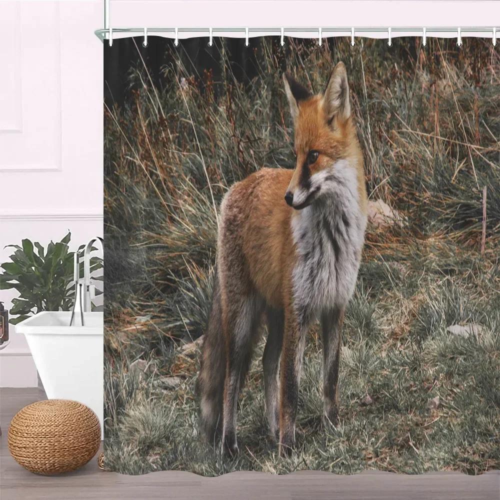 Painting Animal Lover Fox In The Forest Shower Curtain,Rustic Lodge Forest Hunting Bathroom Decor Wild Animals Bathroom Curtains