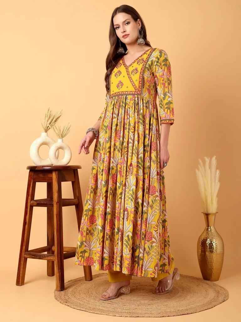 Women Designer Pure Cotton Kurti Pant Dupatta Set Indian Bollywood Anarkali Salwar Suit