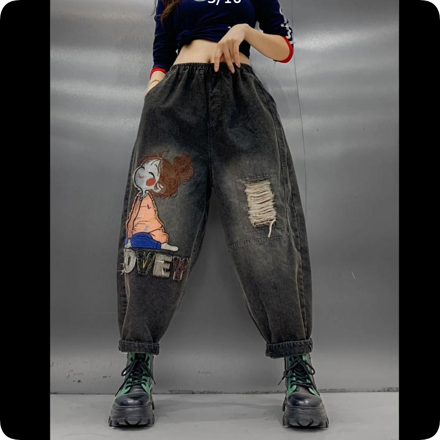 Plus Velvet Thickened Little Girl Embroidered Letters Retro Elastic Denim Harem Pants Women's Winter Leisure Was Thin and Loose Trend