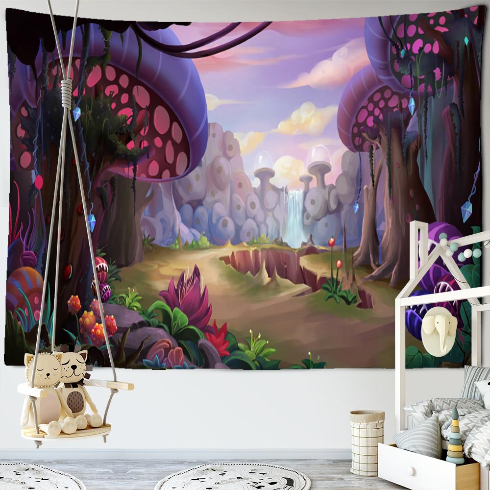 Cartoon psychedelický lesní gobelín Nástěnný závěs Boho Tapiz Kawaii Art Estetický pokoj Domácí koleje Dekor
