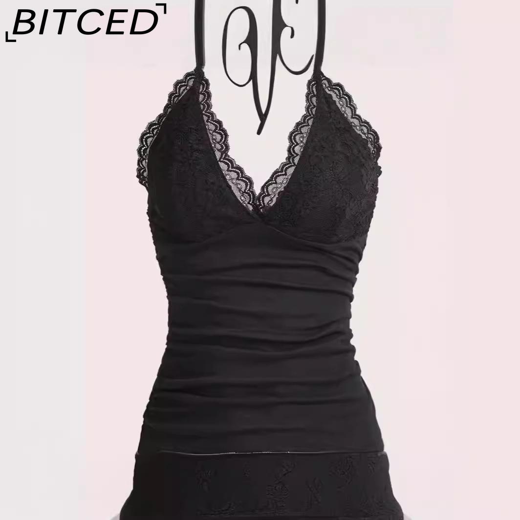 BITCED Women s V-Neck Lace Black Strapless Halter Tank Top - Sexy Backless Versatile Style S