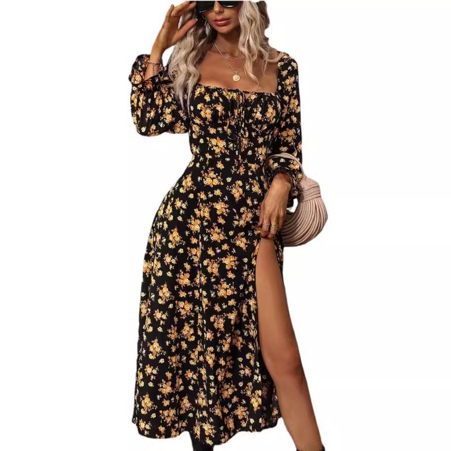 2025 Spring & Autumn European-American Bohemian Backless Print Long Sleeve Dress