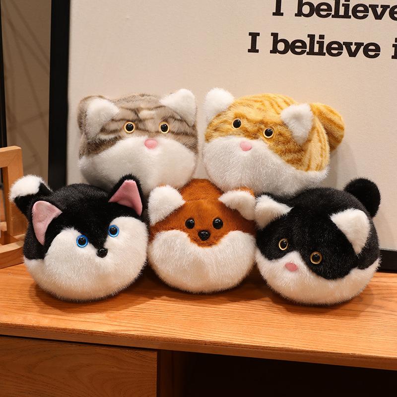 Cute Round Animal Plush Doll Mini Fluffy Cat Dog Fox Husky Stuffed Toy Soft Small Animal Plushies Decor Birthday Gift