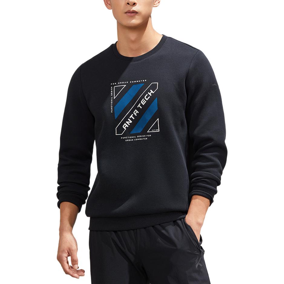 Anta Letter Print Patch Pullover Crew Neck Sweatshirt Unisex Tops Black 152237737-4
