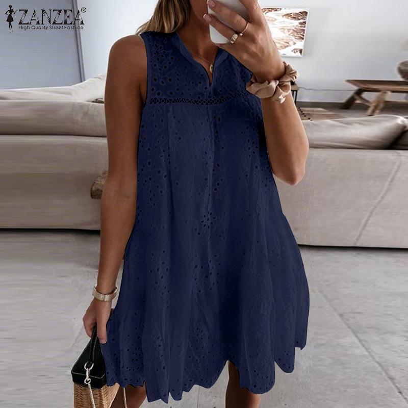 ZANZEA Damen Sommer Ärmellos Hohlstickerei Spitze Häkeln Kurzes Kleid