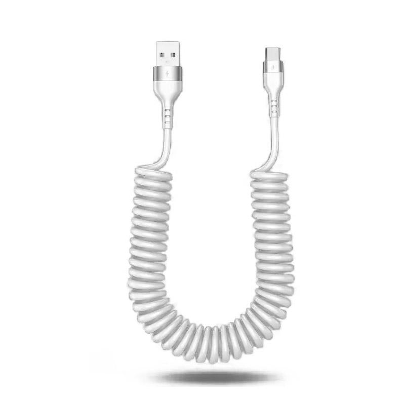 Spring Telescopic Type C Data Cable 66W 5A Fast Charging USB 3A Micro Car Phone Charger for iPhone 15 14 Pro Sumsung Xiaomi POCO