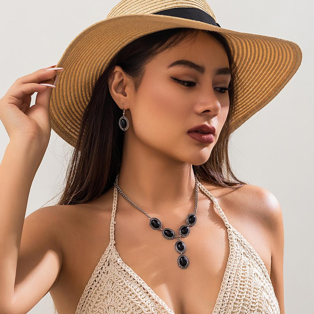 Etnik Vinatge Takı Setleri Moda Lüks Turkuaz Taş Kolye Kolye Küpe Seti Zarif Kadın Alyans Takı Hediye