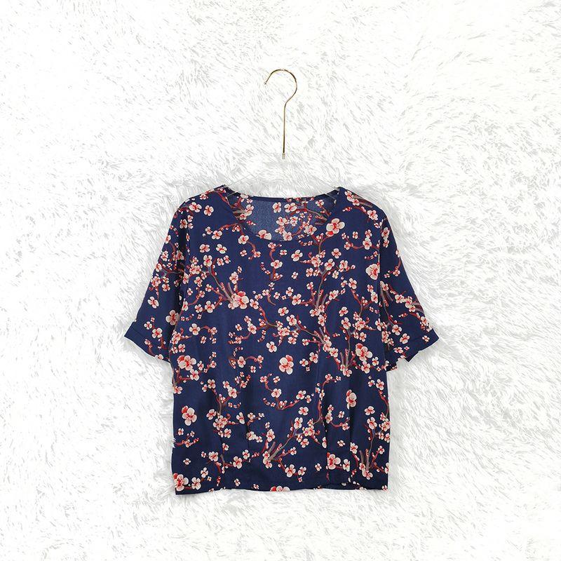 New Arrival Silk Women's Tops Silk Silks and Satins Plus Size Round Neck Plum T-shirt Casual Women's Clothing Middle-Aged and Elderly
