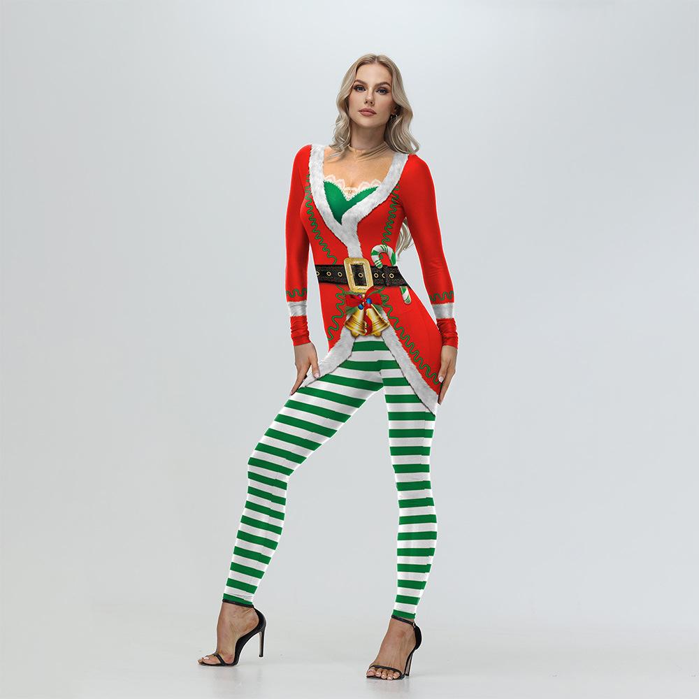 

Women Christmas Bell Striped Digital Printing Onesie Halloween Cosplay Costume Tights Stage Performance Suit Color Red Green XL