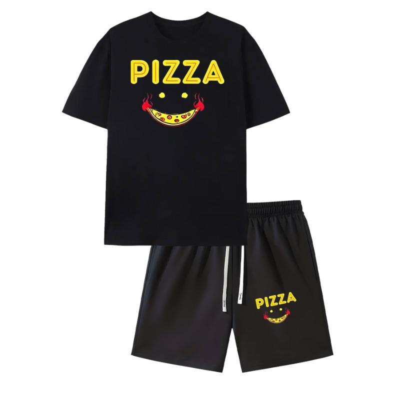 European Size Happy Pizza Symbol Print Men'S Short Sleeve T-Shirt Casual Sports Top , Spring And Summer Matching
