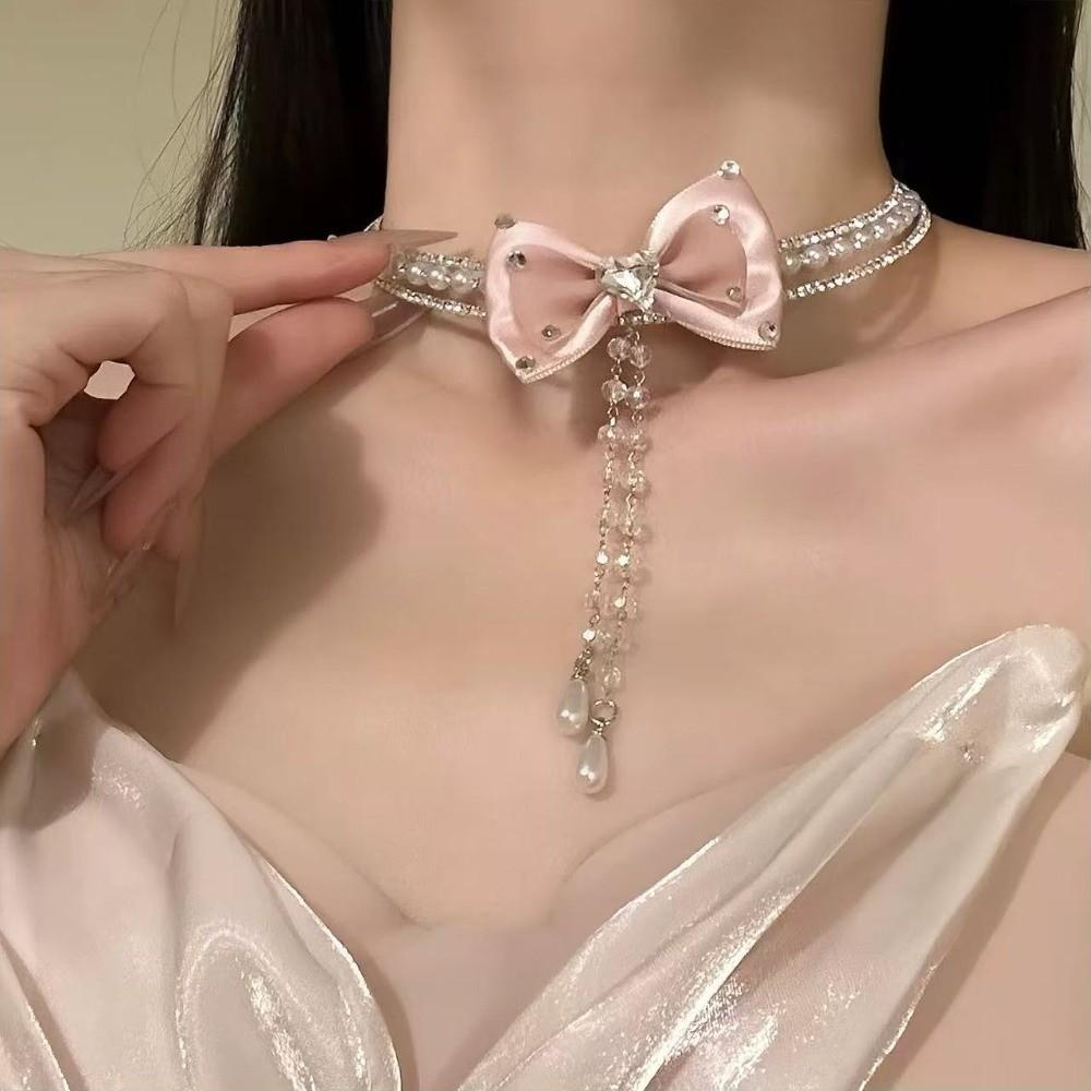 Tassel Pearls Rhinestone Choker Silver Shiny Neck Jewelry Personalized Bow Beads Necklace  Bride