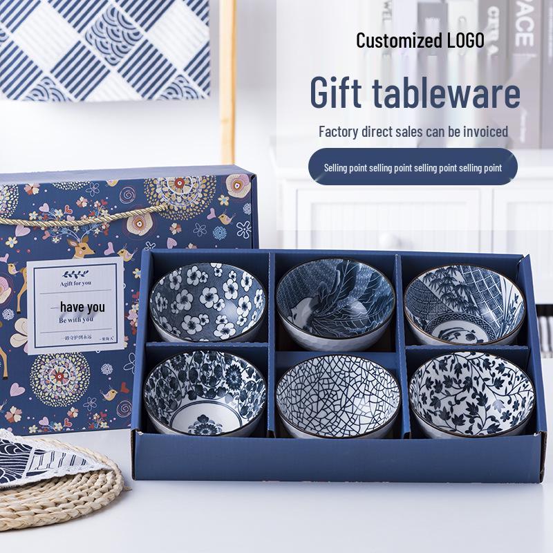 Set di Ciotole in Porcellana Blu e Bianca con Bacchette - Scatola Regalo Personalizzabile