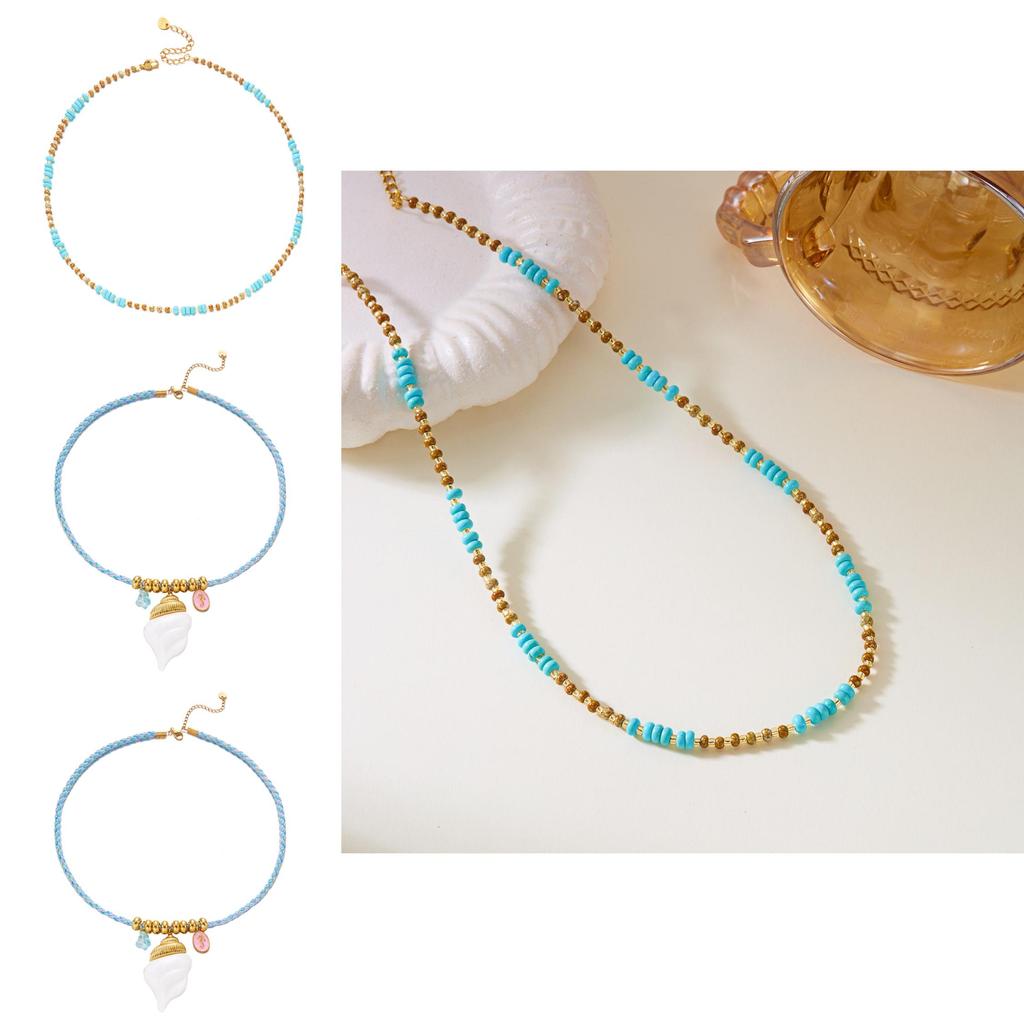Bohemian Turquoise Shell Pendant Necklace With Stainless Steel Chain For Summer Vacation Style