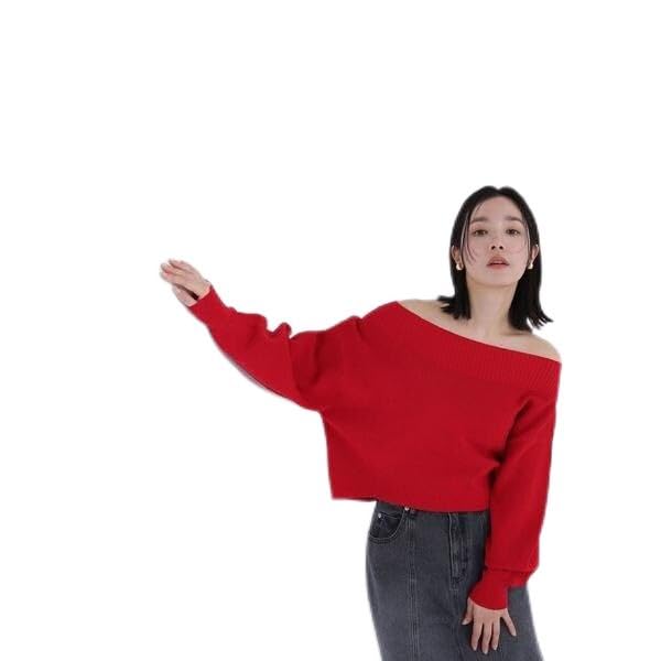 Beauty Cropped Knit Red [Natural Basic] Off-the-Shoulder Sweater,