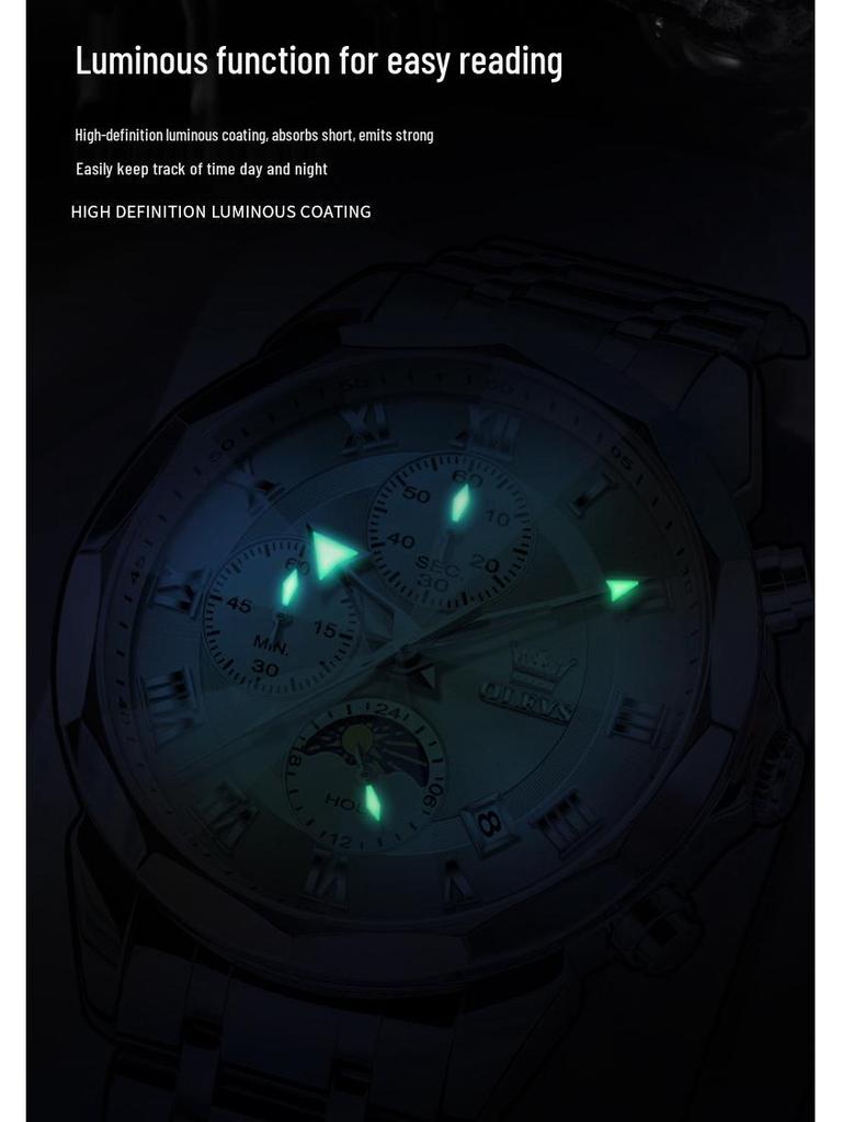 Oulishi Herren Multifunktions-Chronograph mit massivem Stahlarmband und Faltschließe