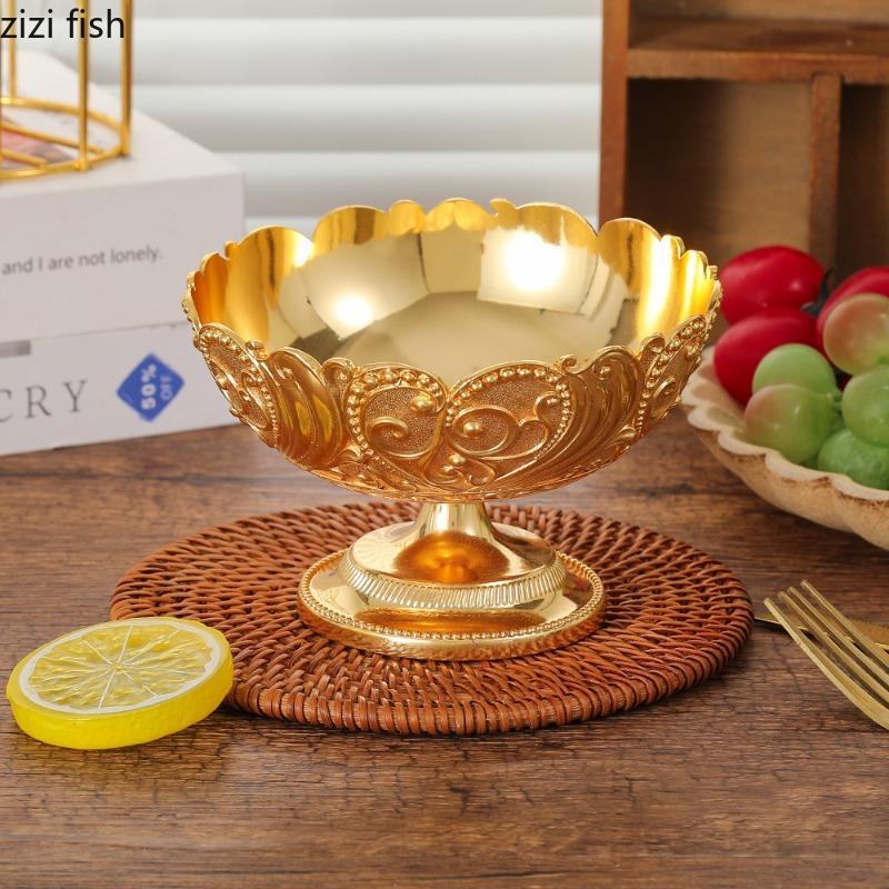European Patterned Metal Bowl High Footed Fruit Bowl Ice Cream Bowls Dessert Plate Dim Sum Dish Storage Tray Candy Snack Bowls