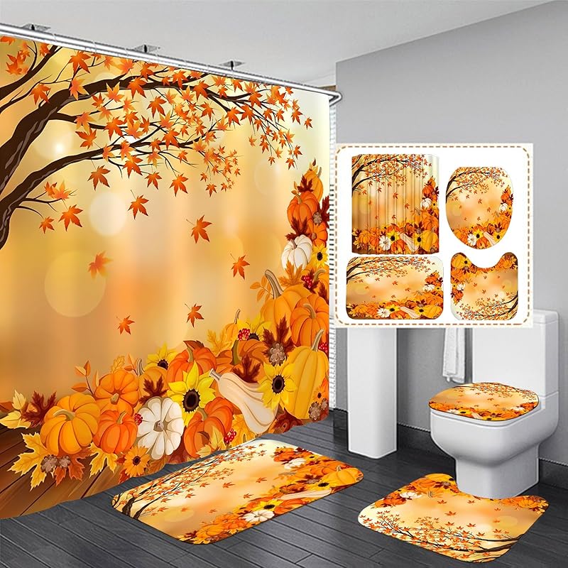 4PCS Christmas Fireplace Shower Curtain Sets, Christmas Tree Stocking Shower Curtain Sets with Rugs, Toilet Lid Cover and Bath Mat for Bathroom Set