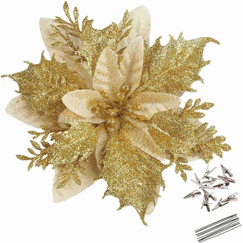 5/10 Stück Glitzer 14 cm künstliche Blumen mit Clips Stielen Weihnachtsdekoration Weihnachtsbaumschmuck Frohes Neues Jahr Navidad 2025 Deko