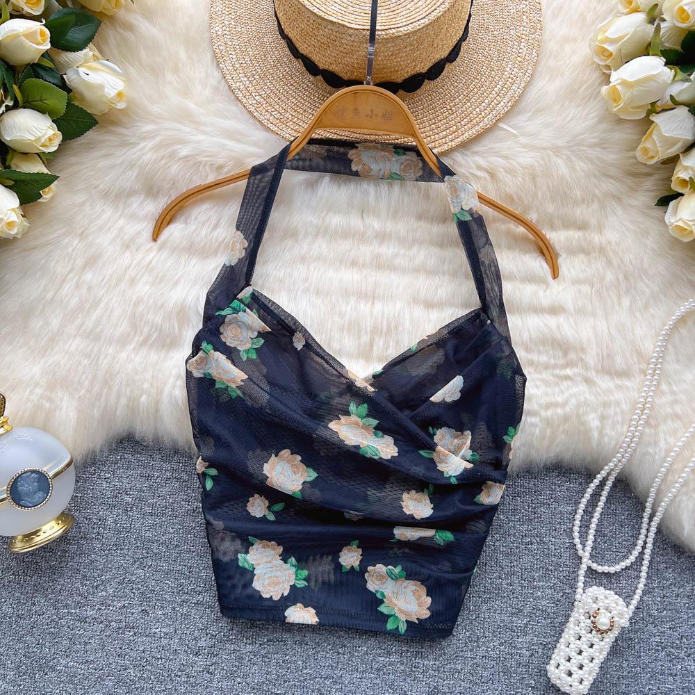 Dámske Sladké Šifónové Potlačené Camis Letné Halter Bez Chrbta Sieťované Tank Topy Vintage Bez Rukávov Štíhle Dobby Základy Crop Top Y2k