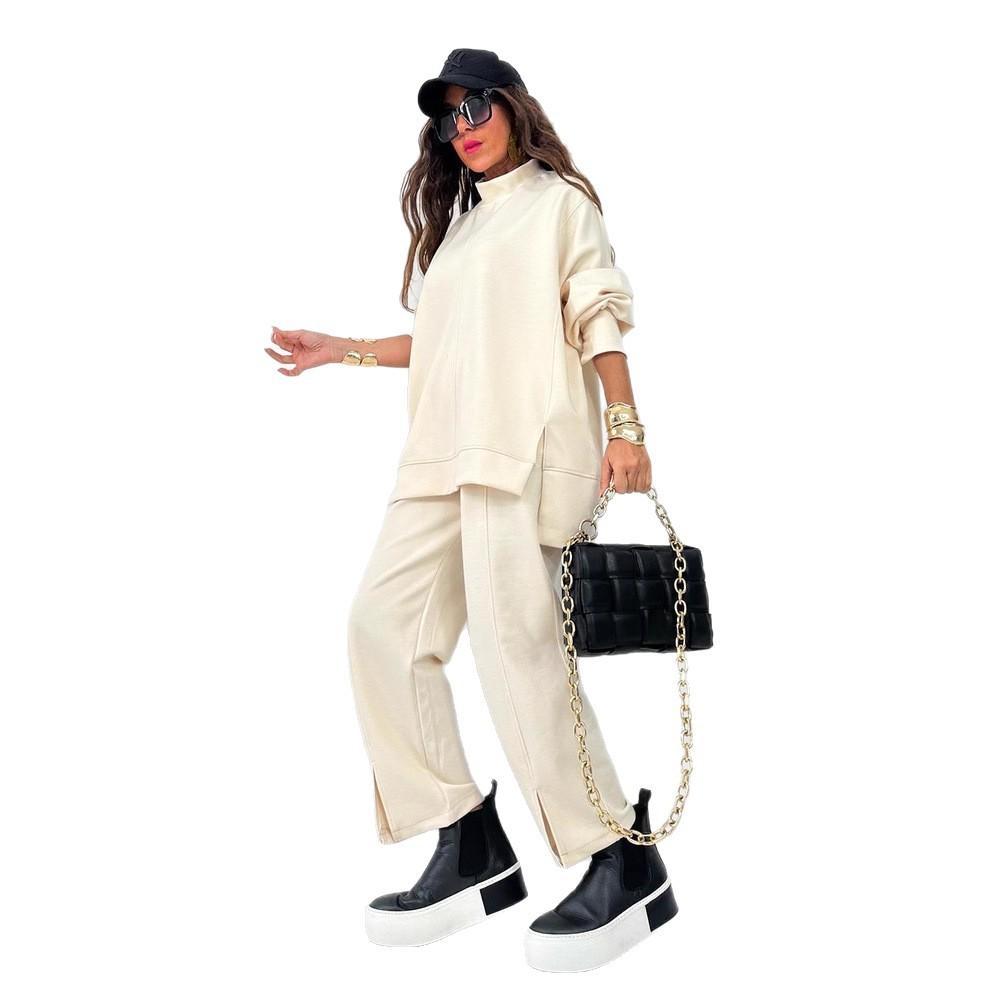 New Autumn and Winter Women's Fashion Casual Set, Solid Color Long-sleeved Shirt and Long Pants Split Two-piece Set