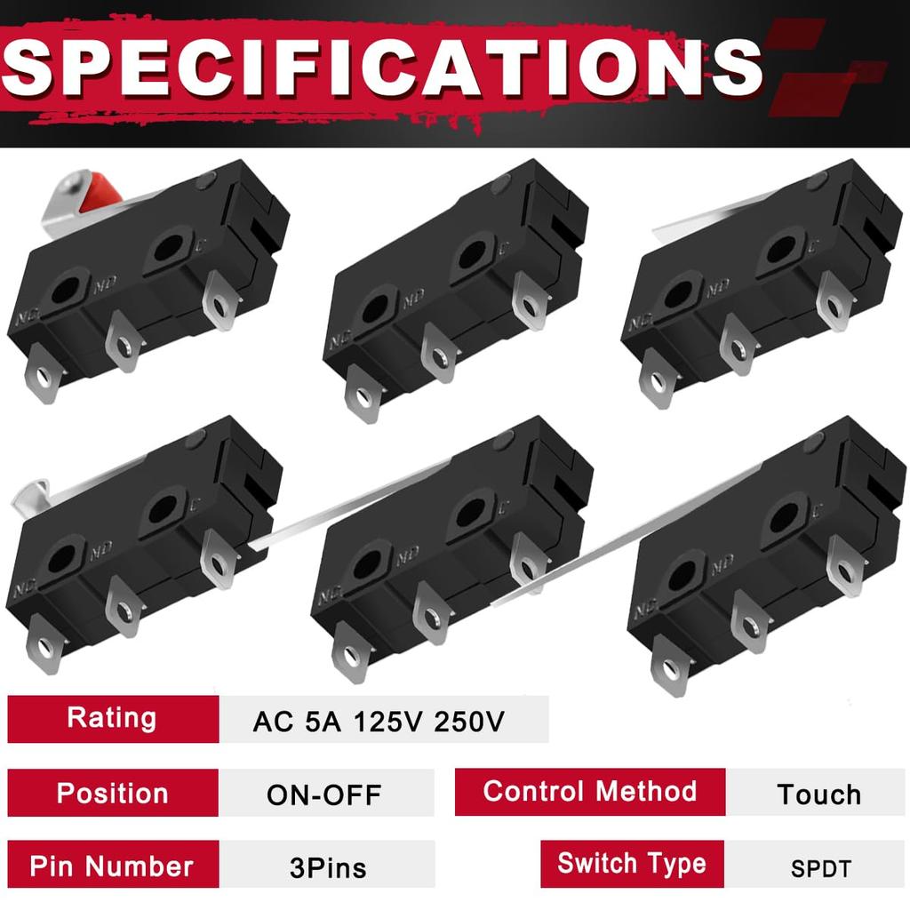 MKBKLLJY 12pcs Mini Micro Limit Switch AC 5A 125V 250V Roller Lever Arm Without