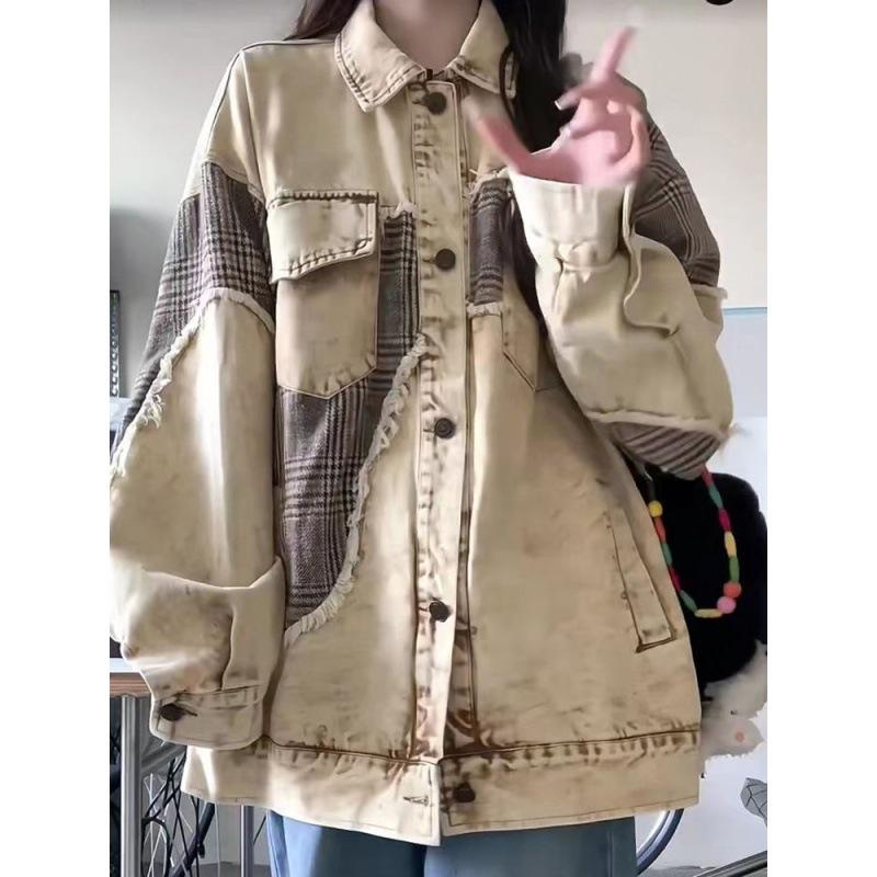 Women's Vintage Design Denim Jacket Spring Loose Casual Patchwork Tops