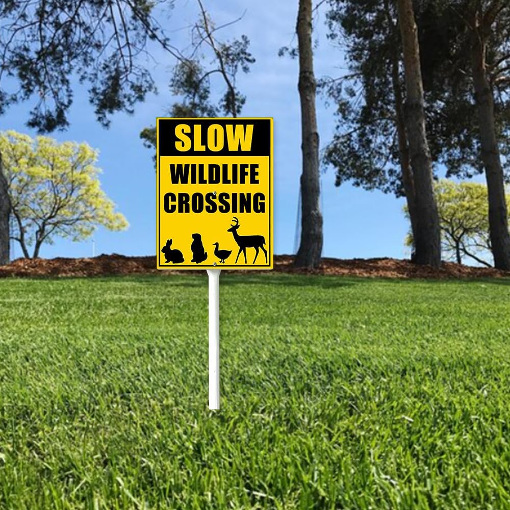 Slow Wildlife Crossing Sign With Stake Slow Down Sign For Neighborhoods Yard Farm Aluminium Caution 8x12inch Farm Decorations Yard Lawn Walkway