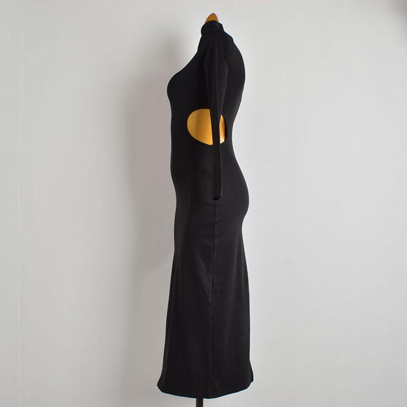 Sample Clothes Western Style Sexy Tall High Collar Hollow-out Waist Fashion Long sleeve dress Women's Bag Hip over the Knee Long dress