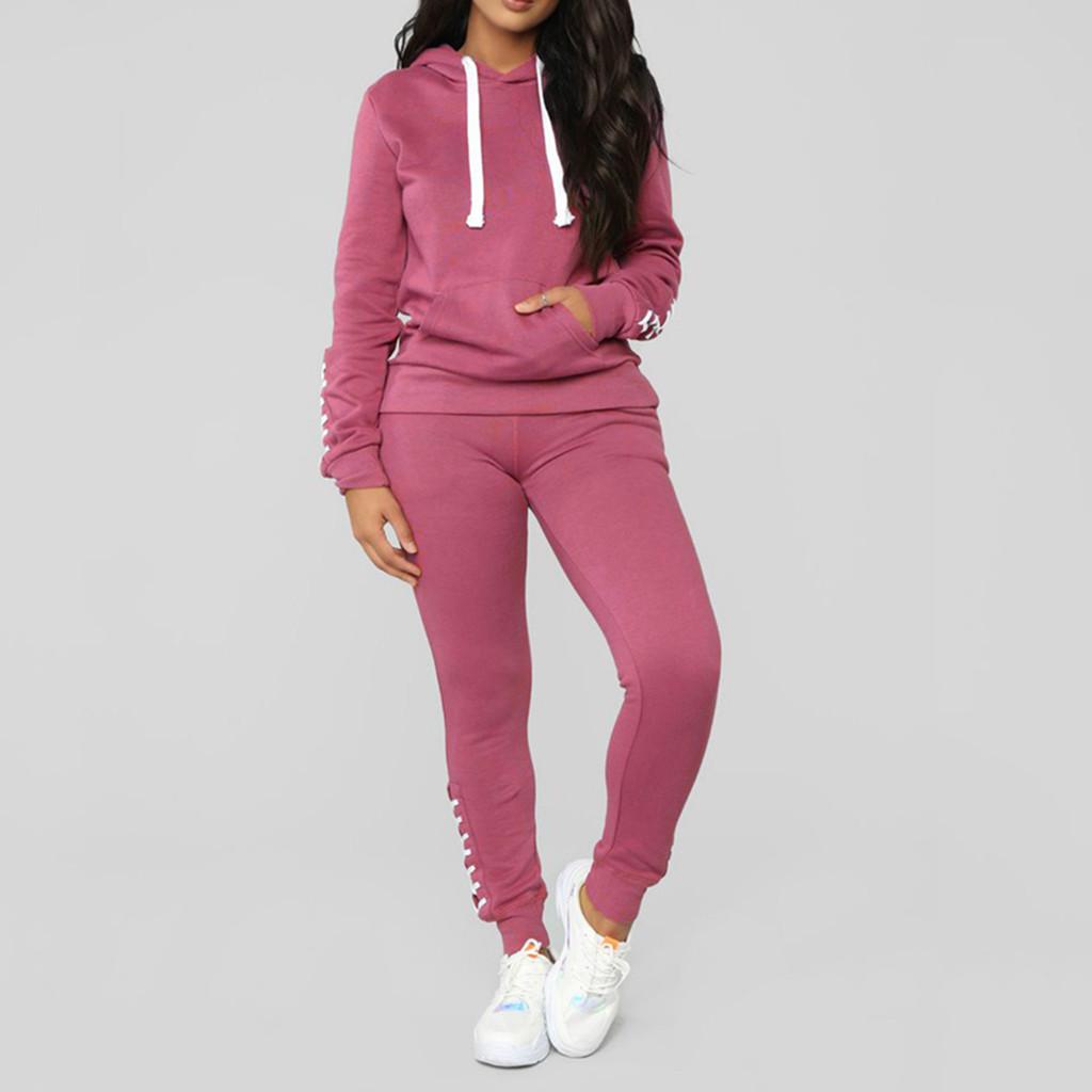 Fashion Women Casual Stripe Lace Long Sleeve Pullove Sport Tops+Long Pants Set