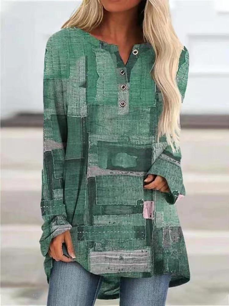 Women's Fashion Casual European American Style Digital Printed Loose Large Size Long Sleeve T-Shirt