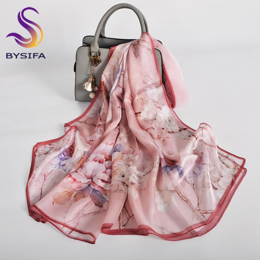 [BYSIFA] Purple 100% Mulberry Silk Scarf Wrap Fall Winter Magnolia Design Long Scarves Shawls Women Spring Summer Beach Shawl