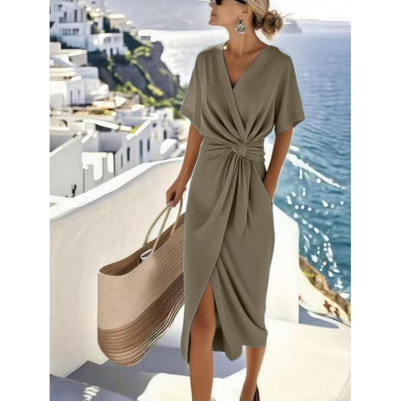 

European and American women s clothing summer V-neck knot split dress, solid color seaside vacation dress XXXL хакі