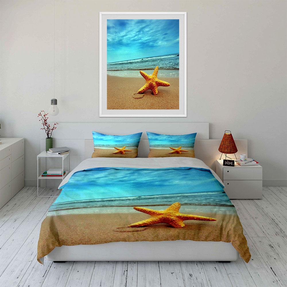 Yellow starfish on the beach Bedding Set for Kids Luxury Gift 3pcs Digital Print Comforter Set Soft Comfortable Breathable