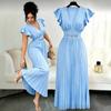 Summer New Women's Elegant Long Dress with V-neck, Ruffled Sleeves, Metallic Decoration, and Pleated Design