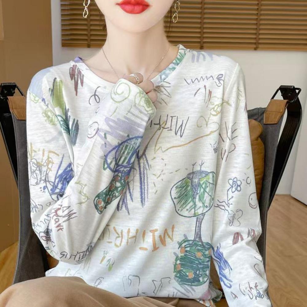 Frühling und Herbst Neues T-Shirt für Damen mit lockerem Rundhalsausschnitt und langen Ärmeln mit gedrucktem Muster in Tuschemalerei