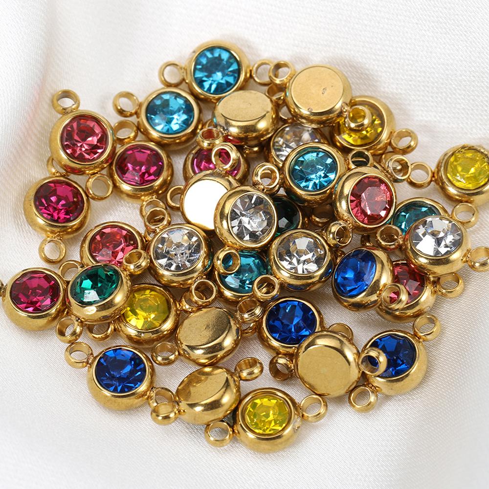 10pcs 6mm Stainless Steel Crystal Rhinestone Beads Gold Color Birthstones Charms Pendants for Bracelet Jewelry Making Crafts DIY
