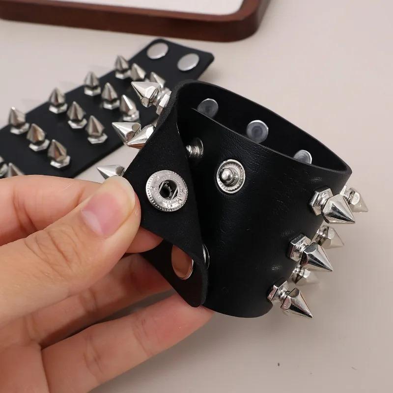 Punk Exaggerated Bracelets with Pointed Nails and Rivets Three Rows of PU Leather Bracelet Bar Accessories Women's Bracelets