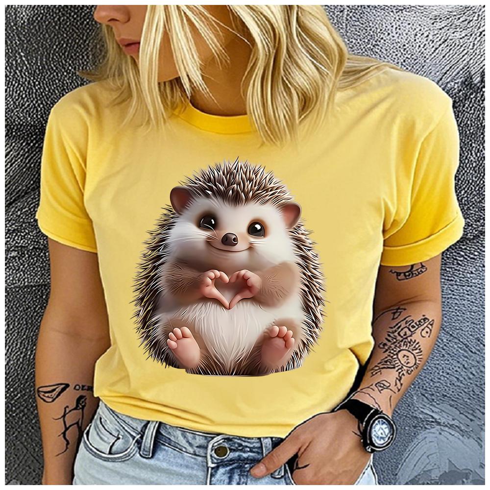 Unisex Polyester Summer Top The Little Hedgehog vs. The Heart Print Loose round Neck Short Sleeve Fashion for Astrology Lovers