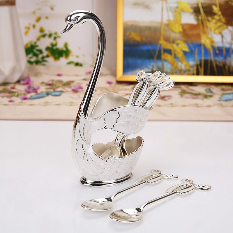 6Pcs/set Gold Silver Cutlery Set Dinnerware Silverware Flatware Set Swan Spoon Stand Holder Cake Dessert Snack Spoon Kitchen Set