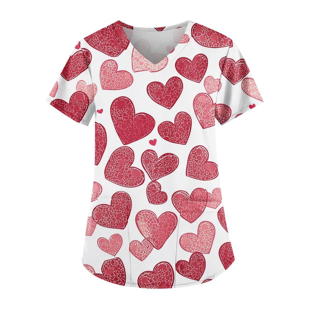 Women's Cute Printed Work Clothes V-neck Double Layer Pockets Basic Short Sleeve Top Pullover Christmas