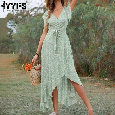 Women's Fashion Summer Spring Flower Pattern Print Short Sleeve V-Neck High Waist Casual Dresses