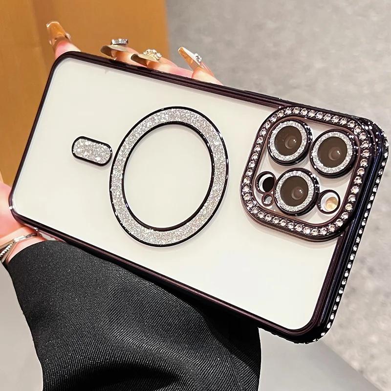 Klarer Bling-Kristall-Handyhülle Für iPhone 16 15 14 13 12 11 Pro Max Plus Für Magsafe Magnetisches Kabelloses Laden Linsenfolienabdeckung
