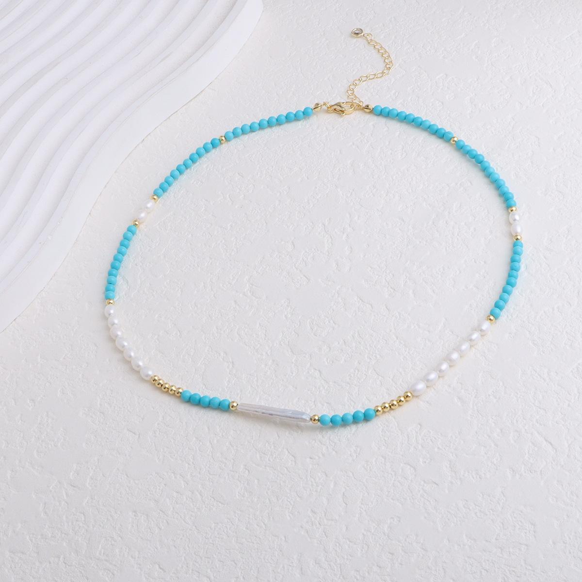 Natural turquoise small silver bar, freshwater pearl necklace, natural pearl collarbone chain, versatile and fashionable