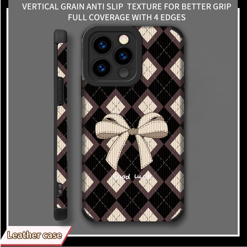 

Чехол из натуральной кожи с вертикальным зернистым узором и милым бантом, мягкий силиконовый чехол с узором и полной защитой объектива камеры для iPhone iPhone 16 чёрный