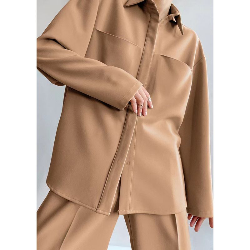 

Осень 2022 Новые рубашки с длинным рукавом Брюки с широкими штанинами с высокой талией Повседневный комплект Женская мода Повседневный костюм Khaki S