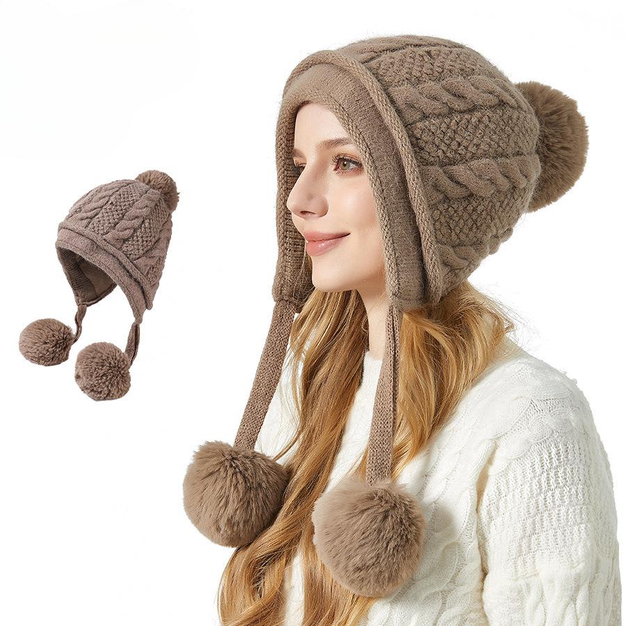 European and American Ladies Winter Thickened Ear Protection Three-pile Rabbit Fur Knitted Hat Outdoor Cycling Face Protection Warm Hat