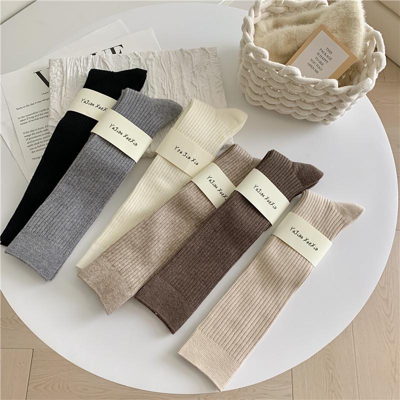 Damen Woll-Wadensocken - Japanisch Retro Gestreift, Uni, Langer Schaft für Herbst/Winter
