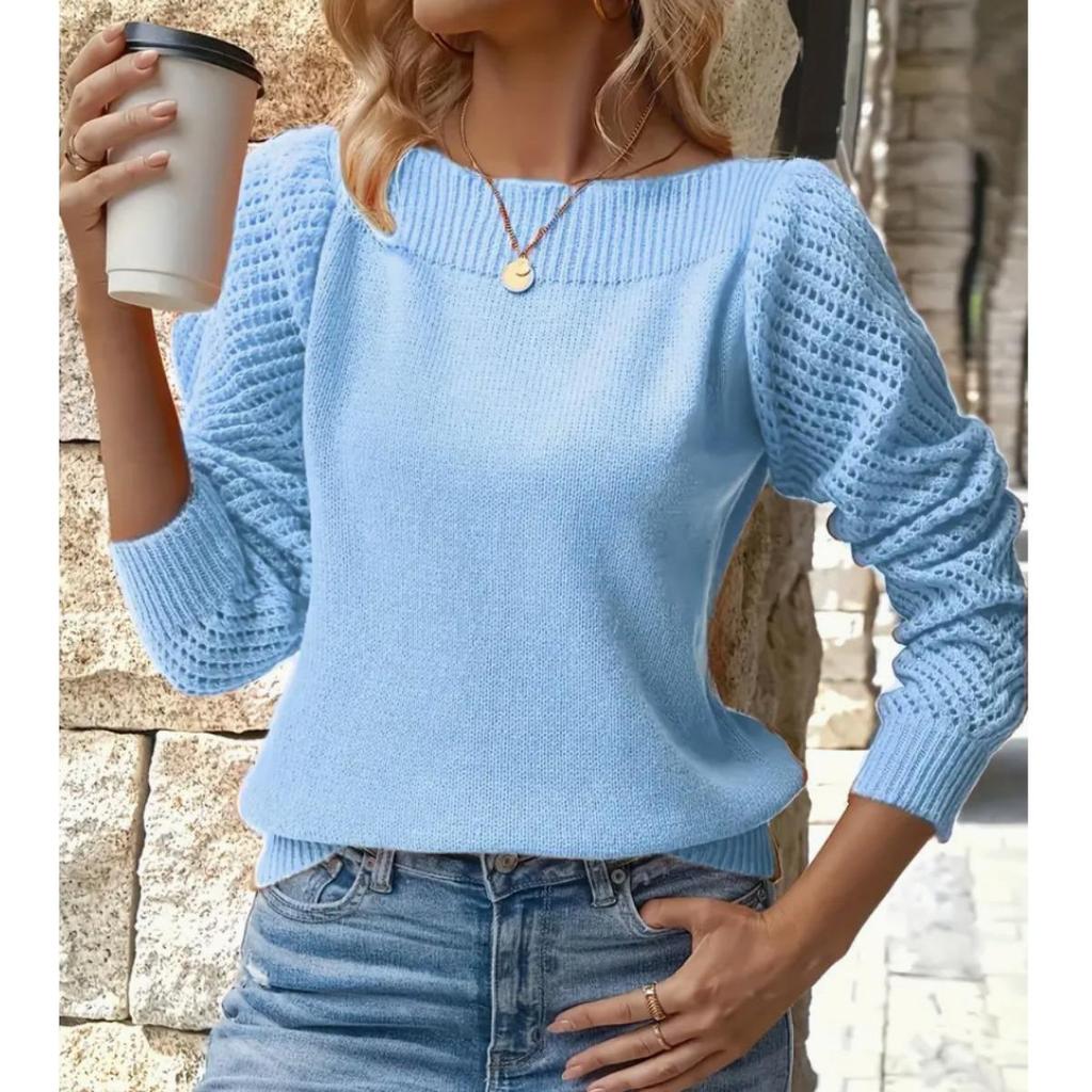 סוודר נשים סתיו ואביב צבע אחיד סריג חלול שרוולים ארוכים סוודר סריג פולאובר כתף אחת