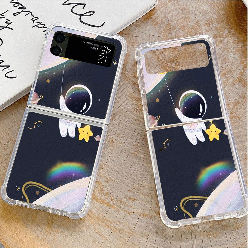 Luxury Case For Samsung Galaxy Z Flip 3 4 5G Funda Z Flip3 Clear PC Hard Shockproof Back Phone Coque Shell Astronaut Universe