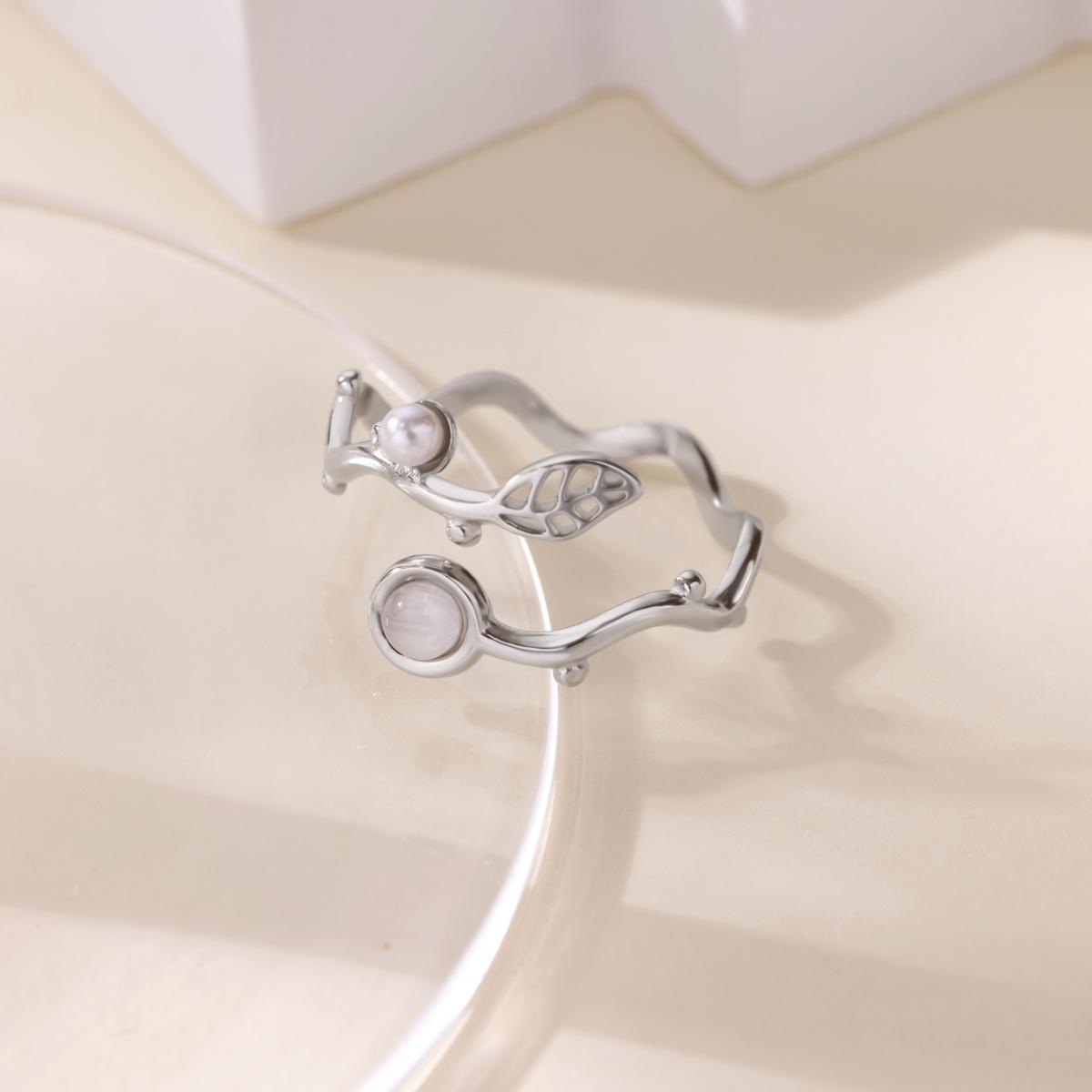 

Green Leaf Wave Stainless Steel Rings 18K Gold-plated Anti Fading Open Ring for Women Wedding Jewelry Accessories Christmas Gift Adjustable